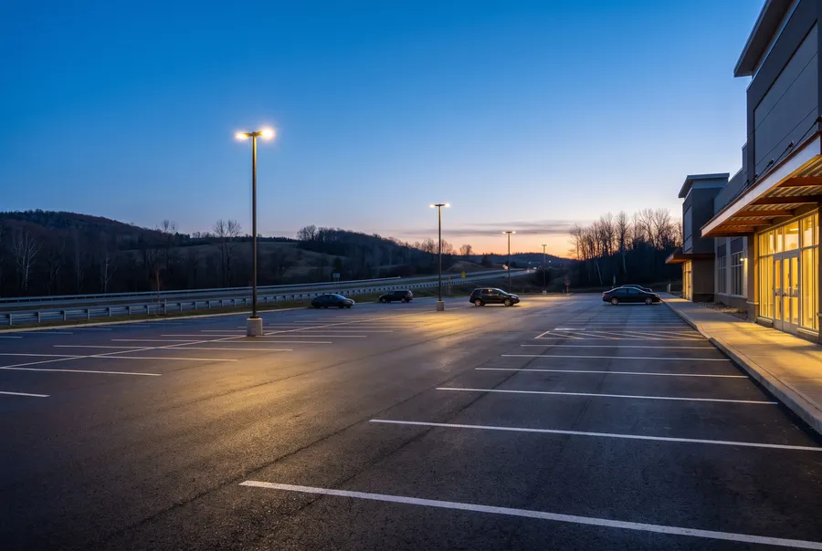 Generated scene: a large open parking lot at blue hour beside a divided highway, lamp posts switching on, a few cars and the lit glass entrance of a modern building.