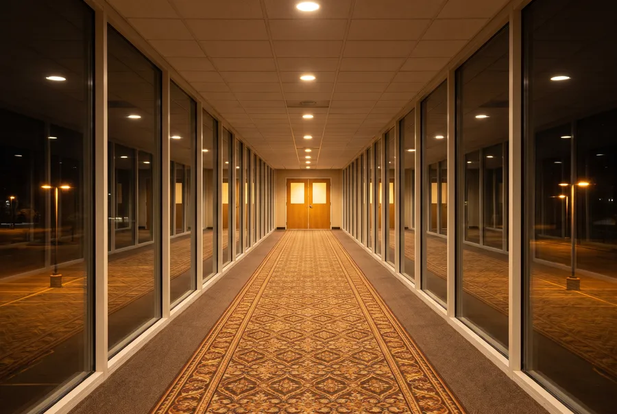 Scène générée : une passerelle piétonne vitrée et vide, la nuit, avec un tapis de couloir à motifs, une rangée de plafonniers et une double porte en bois au fond.