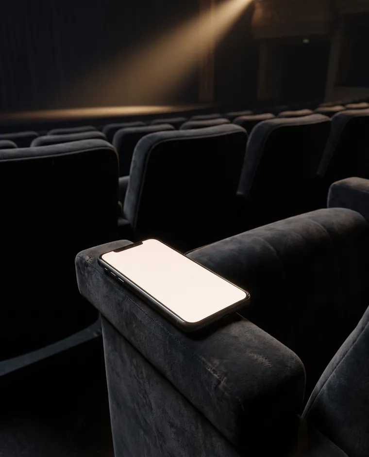 Scène générée : un téléphone intelligent à l'écran uni et lumineux, posé sur l'accoudoir d'un fauteuil de velours foncé, dans une salle de concert vide et plongée dans l'obscurité.